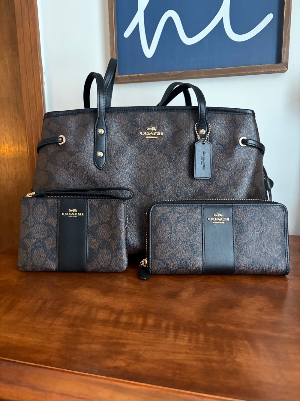 Coach Signature Brown Canvas Tote with Matching Wallet & Wristlet